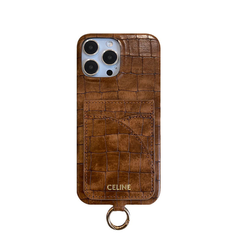Alligator Print Celine iPhone Case With Card Holder And Strap Blcak -EYP241415