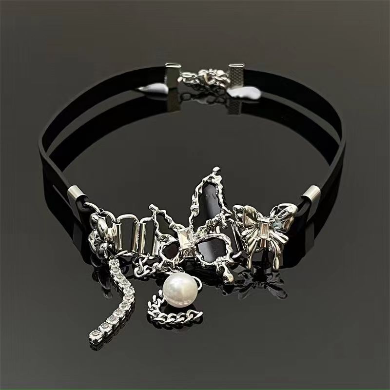 Black Butterfly Choker Necklace for Women | Dark Aesthetic, Leather Collar, Clavicle Chain