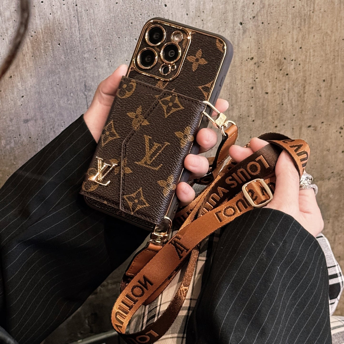 Monogram iPhone custodia con portafoglio e cinghia marrone piccolo stampa-xfq240329