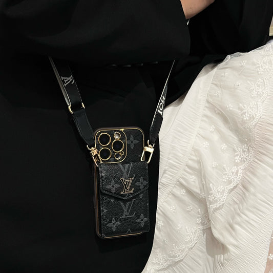 Leather iPhone Case (11–17 Series) | Wallet + Strap | Brown