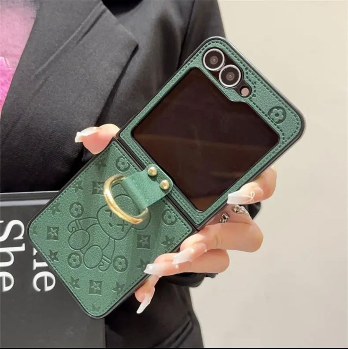 "Samsung Z Flip Series in pelle pieghevole Custodia per cellulare anti-fallo, con design della fibbia ad anello di dito"