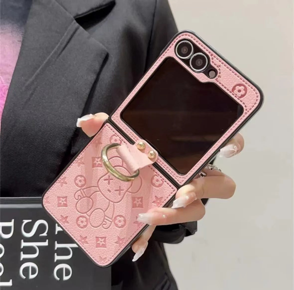 "Samsung Z Flip Series in pelle pieghevole Custodia per cellulare anti-fallo, con design della fibbia ad anello di dito"